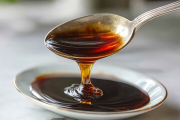 Poster - Delicious thick syrup poured from a spoon onto a white plate, showcasing its glossy texture and rich color