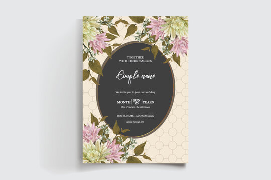 WEDDING INVITATION FRAME WITH FLOWER DECORATIONS AND FRESH LEAVES