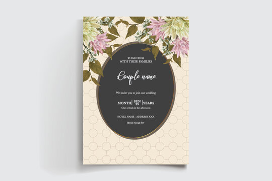 WEDDING INVITATION FRAME WITH FLOWER DECORATIONS AND FRESH LEAVES