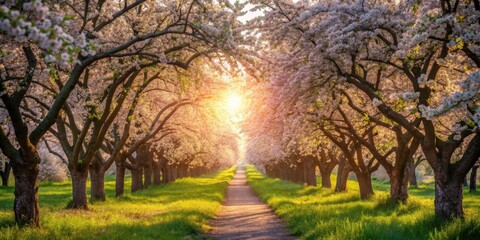 Poster - Serene Pathway Through a Blossoming Orchard at Sunset, Bathed in Golden Light