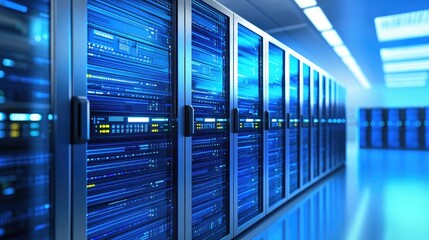 Poster - Advanced blue-lit server room with organized racks and glowing interface panels, perfect for illustrating cloud platforms, data centers, or secure IT infrastructure environments
