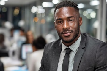 Poster - Confident businessman in a modern office during evening hours working with colleagues in the background