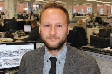 Aufkleber - Professional man posing in a modern office environment with colleagues working in the background during the day