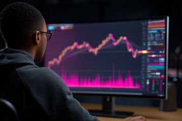 Poster - Individual analyzes stock market trends at a computer during late evening hours
