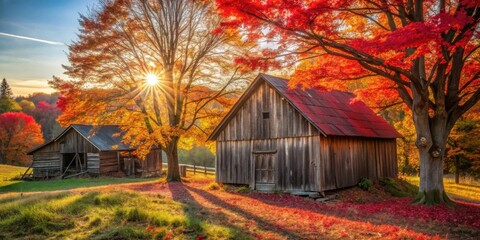 Poster - Rustic wooden barns stand serenely amidst a vibrant autumn landscape, bathed in the golden sunlight of a breathtaking sunrise, surrounded by trees with fiery red and orange leaves.