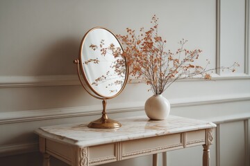 Poster - Elegant vintage mirror with dried flowers on a marble table in a softly lit room