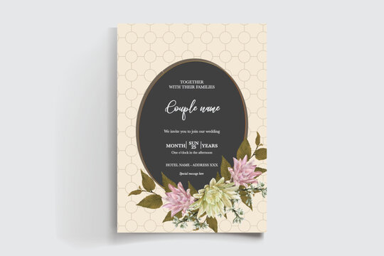 WEDDING INVITATION FRAME WITH FLOWER DECORATIONS AND FRESH LEAVES