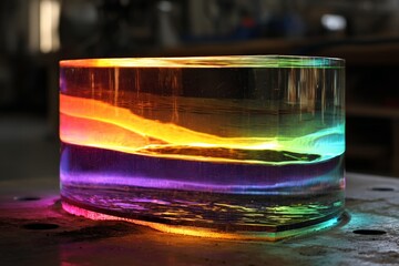 Poster - Colorful rainbow resin block illuminated in a workshop environment showing unique light refraction and reflection effects
