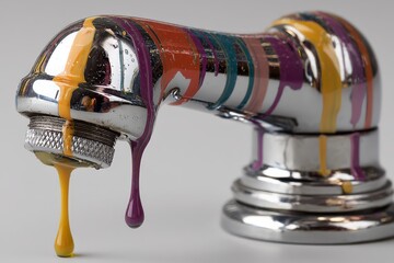 Poster - Colorful paint drips from a shiny metallic faucet showcasing a creative blend of artistic expression
