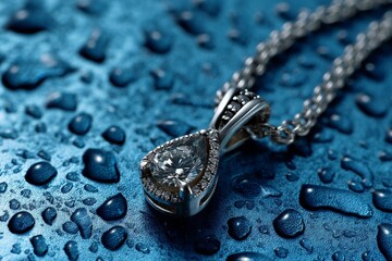 Poster - Close-up of a sparkling silver necklace with a diamond pendant resting on a wet blue surface
