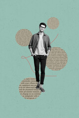 Poster - Trend surreal collage of person stand on green background with book page circle shape