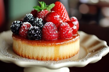 Poster - Delicious berry cheesecake served on a decorative plate at a cozy dessert cafe in the afternoon sunlight