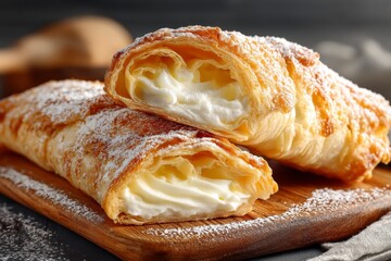 Poster - Flaky pastry filled with rich cream served on wooden board with powdered sugar in bright kitchen setting