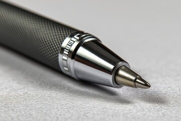 Aufkleber - Close-up view of a sleek, silver ballpoint pen resting on a textured surface during bright daylight hours