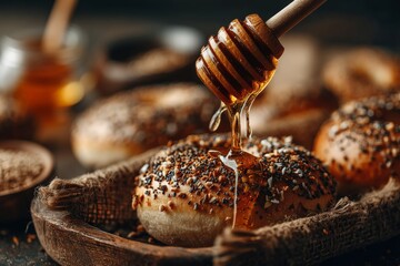 Poster - Honey drizzles over freshly baked bagels topped with seeds and spices in a rustic kitchen setting