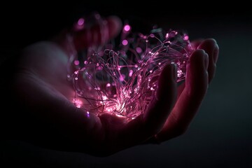 Fototapete - Warm pink lights glow in hand creating a magical atmosphere at night in dimly lit environment