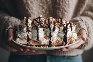 Aufkleber - Delicious dessert served on a plate with whipped cream and chocolate drizzle during a cozy gathering at home