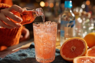 Poster - Crafting a refreshing pink drink with citrus and sparkling water at a cozy bar in the evening