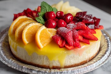 Poster - Colorful fruit-topped cake displayed on a silver tray, ready for celebration in a cozy indoor setting