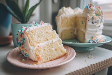 Poster - Delicious layered vanilla cake with colorful sprinkles on display beside a slice on a pink plate at a bright kitchen setting