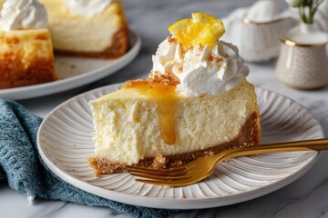 Poster - Creamy cheesecake slice with pineapple topping served on a decorative plate at a cozy dessert gathering