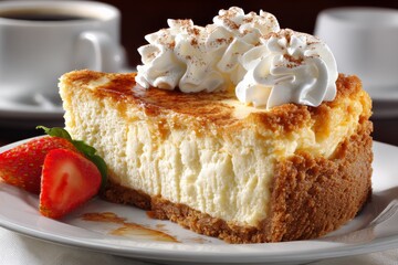 Poster - Delicious cheesecake with whipped cream and strawberry served alongside coffee in a cozy café setting