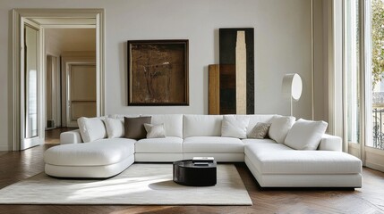 Poster - White sectional sofa on herringbone wooden floor, chic and airy interior