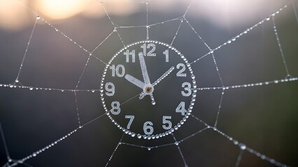 water droplet clock on spider web time concept close up