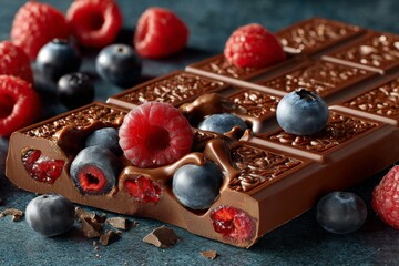 Poster - Delicious chocolate bar with fresh raspberries and blueberries on a dark surface