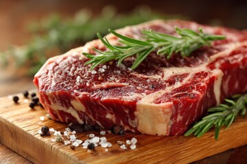 Poster - Freshly cut beef steak resting on a wooden board with herbs and seasonings