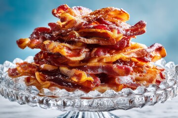 Aufkleber - Crispy bacon stack on glass pedestal showcasing hearty breakfast treat in well-lit kitchen setting