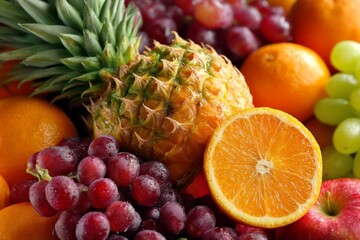 Poster - Vibrant assortment of fresh fruits displayed on a wooden table in a sunlit kitchen setting