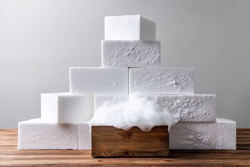 Aufkleber - Stacked white cubes with foam on a wooden surface in a minimalist setting