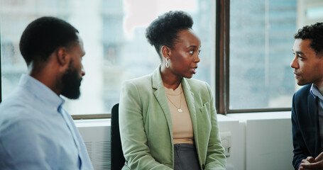Poster - Teamwork, talking and planning with business people in meeting for financial advisor, client feedback and discussion. Project briefing, collaboration and workshop with group of employees in office