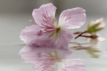 Poster - Delicate pink flower floating on still water surface with droplets reflecting serene beauty at dawn