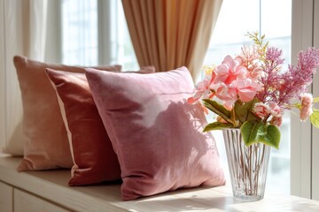 Aufkleber - Cozy interior featuring soft pillows and a vibrant flower vase in natural light