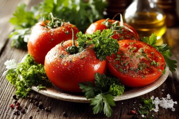 Poster - Freshly picked tomatoes garnished with herbs on a rustic wooden table in a cozy kitchen setting