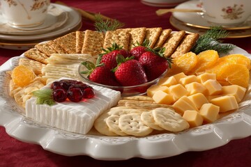 Poster - Elegant cheese and fruit platter for a festive gathering featuring crackers, strawberries, and oranges arranged on a white serving tray