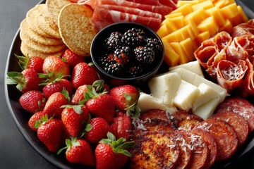 Poster - Delicious charcuterie platter featuring fruits, meats, cheeses, and spreads enjoyed at a casual gathering
