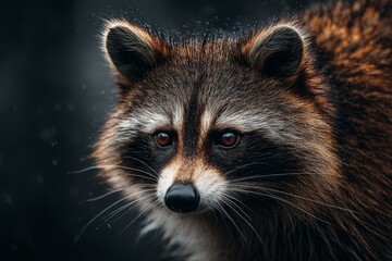Aufkleber - Close-up view of a raccoon in a natural setting during the evening light with a focus on its expressive features