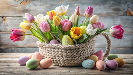 Poster - A vibrant spring arrangement of colorful tulips nestled in a handcrafted knitted basket, surrounded by pastel-hued Easter eggs on a rustic wooden surface.