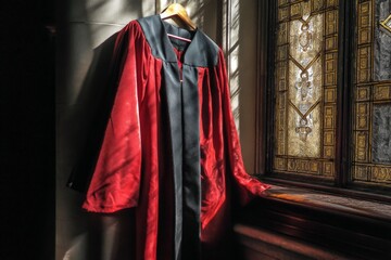 Poster - Elegant red graduation gown hangs beside a stained glass window in a historic building