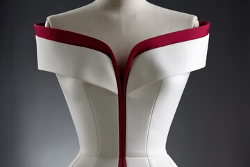 Poster - Elegant white and burgundy dress displayed on a mannequin in a modern studio setting