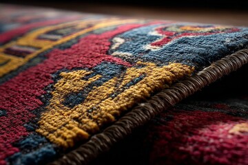 Poster - Detailed view of an intricately woven rug showcasing vibrant colors and patterns in a cozy indoor setting