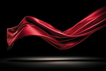 Poster - Flowing red silk fabric gracefully undulating against a dark background, creating a dramatic visual effect with smooth curves and shadows