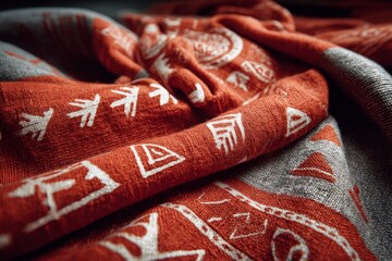 Poster - Textiles display intricate patterns and textures in muted tones under soft lighting during an indoor setting