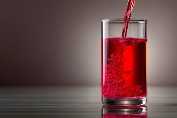 Poster - Refreshing red beverage being poured into a glass creating bubbling effervescence at a modern indoor setting