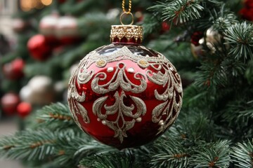 Poster - Decorative red ornament hanging on pine tree during holiday season
