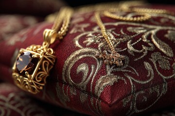 Aufkleber - Intricate golden jewelry displayed on rich fabric for an elegant presentation in soft lighting