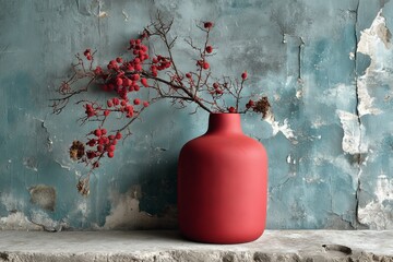 Poster - Beautiful red vase with branch and berries against distressed blue wall in contemporary interior setting